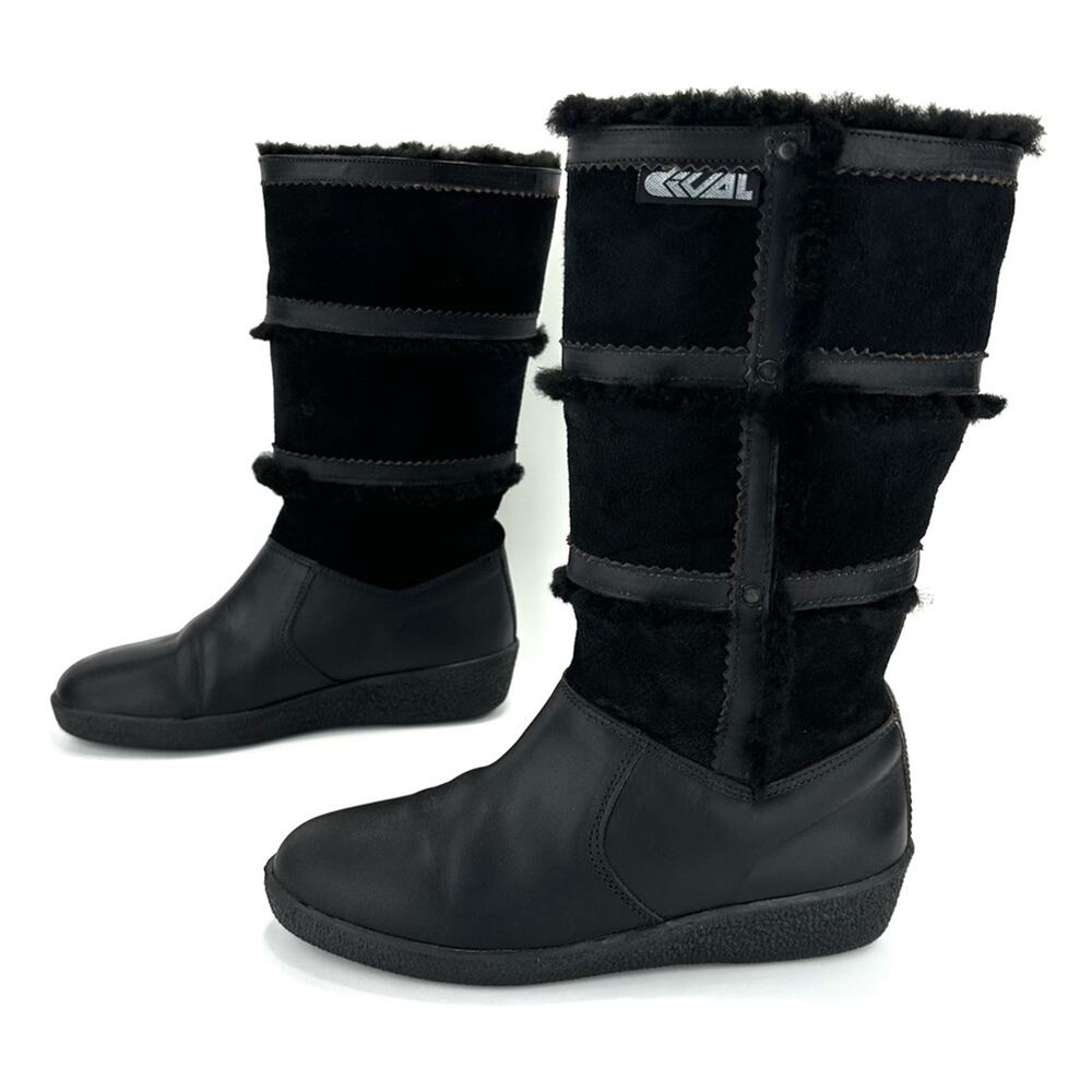 Dival Italy Elisa Black Winter Boot Sz 8 Leather Wool Lining Low Wedge Mid-Calf